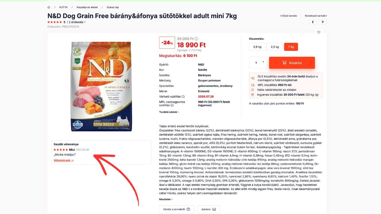 Termékvélemények a termékképek alatt